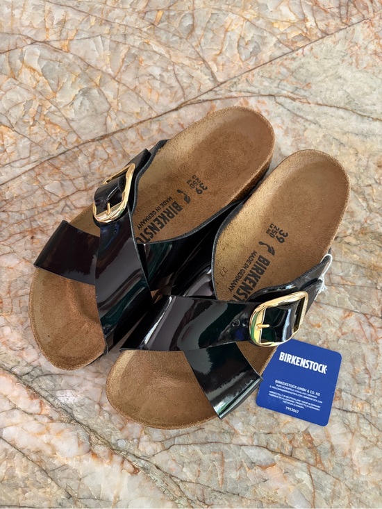 Birkenstock Shoes - Birkenstock Black Patent Madrid Sandals with Gold Buckle Detail